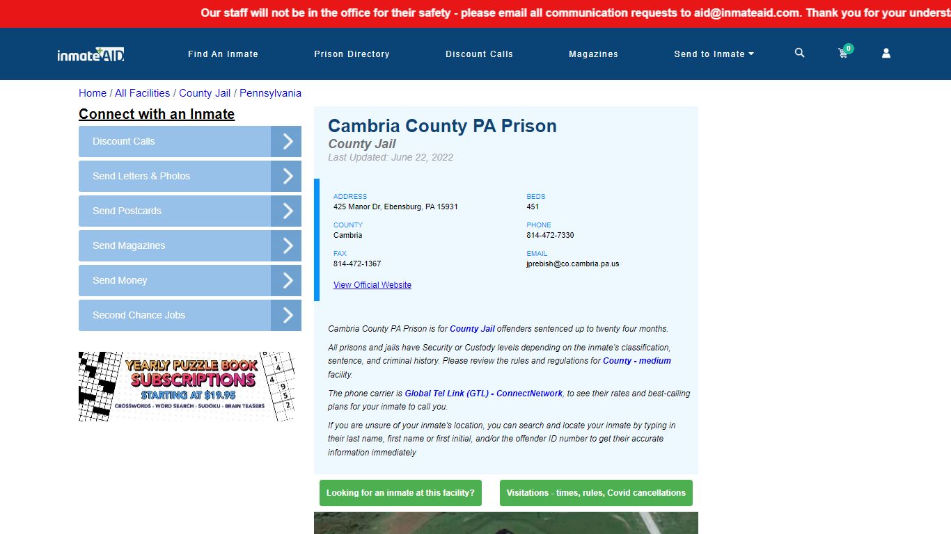 Cambria County PA Prison - Inmate Locator - Ebensburg, PA